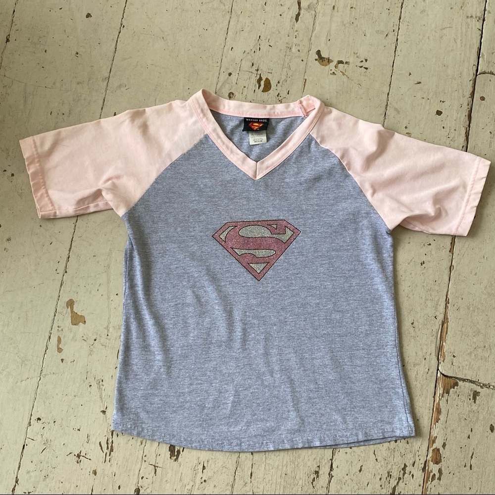 Vintage Warner Brothers Supergirl Sparkle Logo Cropped Baseball Tee T Shirt